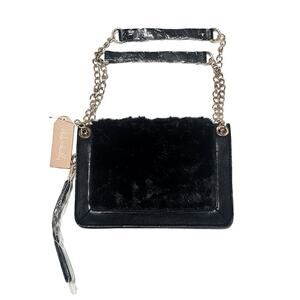 Pink Haley New black faux fur vegan leather clutch crossbody party bag